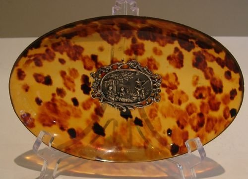 luminous antique tortoise shell tray with scenic sterling silver mount