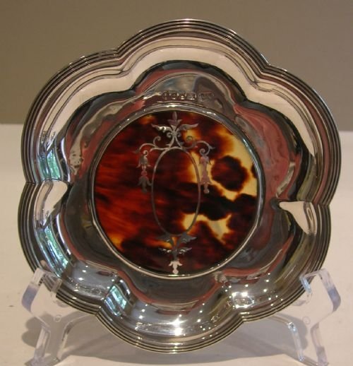 pretty english sterling silver and tortoise shell tray or dish pique inlay