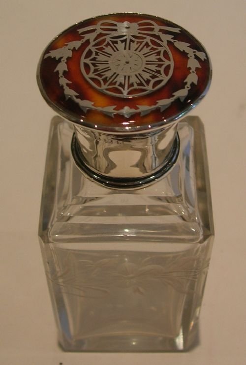 sterling silver and tortoiseshell lidded crystal perfume bottle