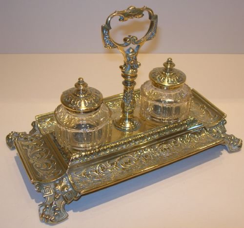 handsome victorian brass inkstand double cut glass inkwells