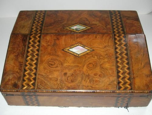 antique burl walnut and tunbridge ware inlaid lap desk writing box