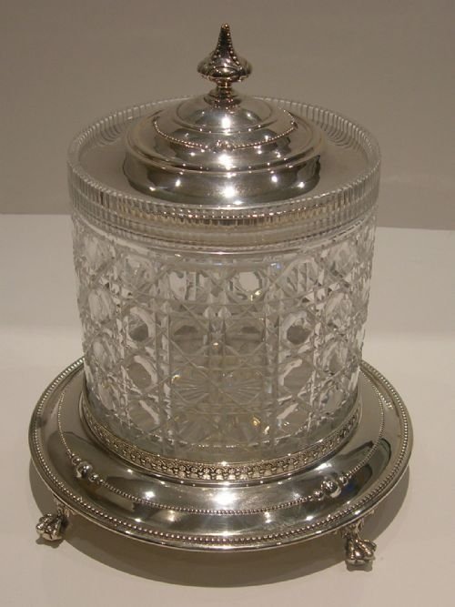 antique english hobnail cut crystal and silver plated biscuit box