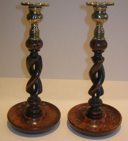 antique english oak open barley twist candlesticks brass thistle tops