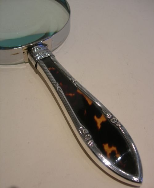 large sterling silver and tortoise shell handled magnifying glass