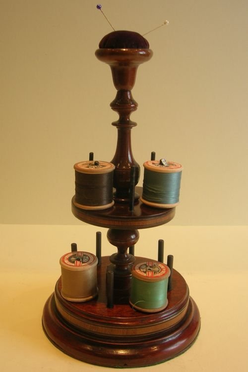 English Victorian Mahogany Sewing Stand - Cotton Spool Holder - Pin Cushion, 71397
