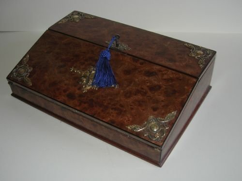 antique english burr elm lap desk writing box brass mounted c1860