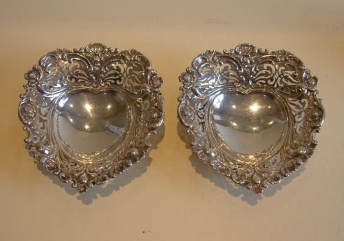 pair of antique english sterling silver heart dishes london 1896