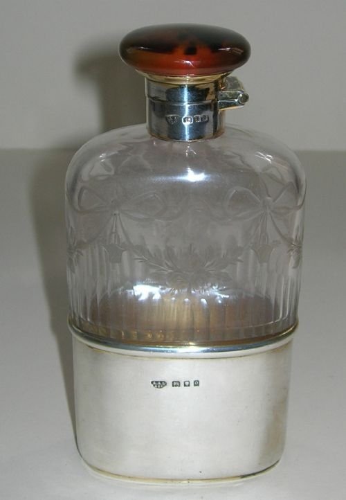 rare engraved crystal sterling silver and tortoiseshell hip flask