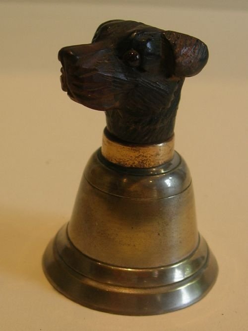 antique black forest table bell carved wooden dog's head with glass eyes