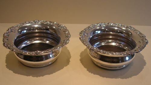 grand pair large silver plated wine or champagne coasters c1920