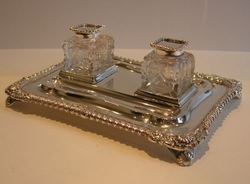 large english victorian silver plate double inkwell inkstand