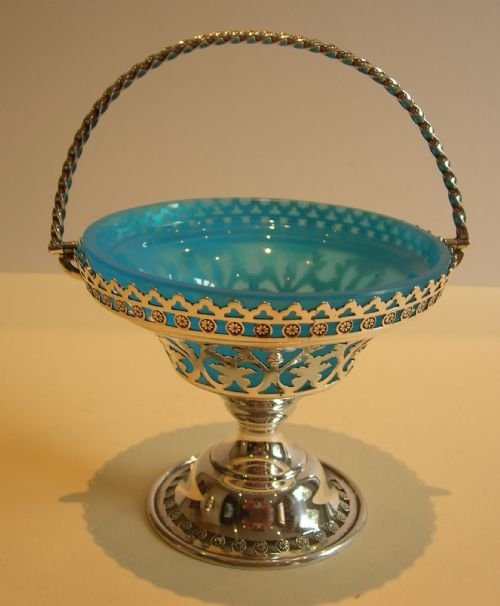 antique english pierced or reticulated basket blue opaline glass lined