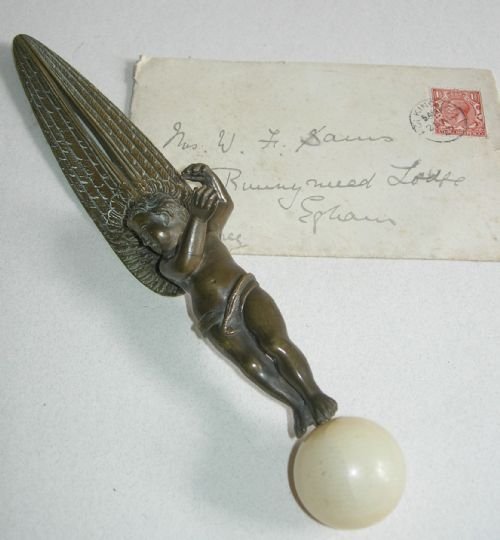 antique bronze marble figural letter opener c1860 cherub or angel