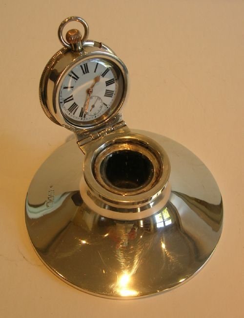english sterling silver capstan inkwell with pocket watch edwardian