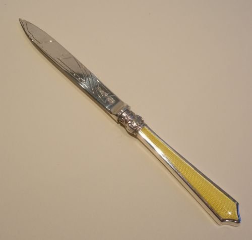 antique english sterling silver yellow guilloche enamel letter opener