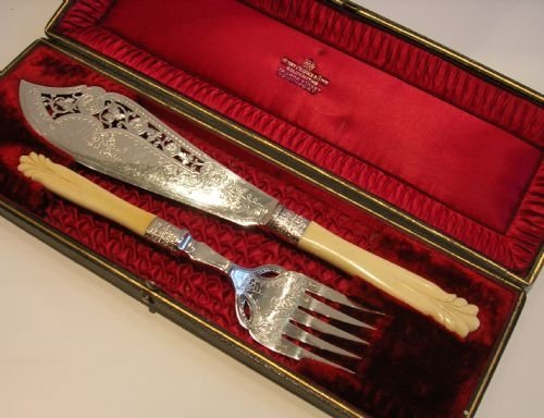 antique english silver plate fish servers boxed carved ivory handles