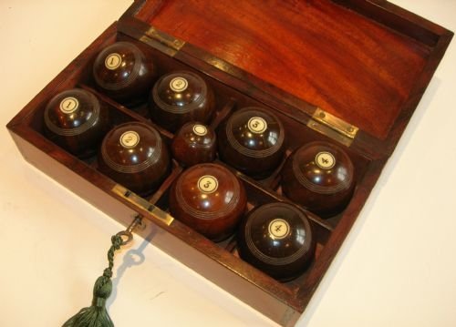 unusual antique set lignum vitae carpet bowls in mahogany box c1890