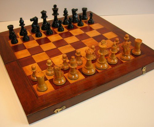 antique english walnut chess backgammon board box plus chess set