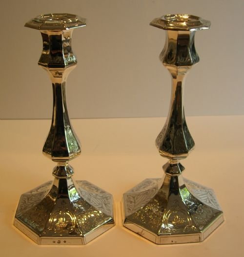pair antique english silver plated candlesticks by elkington 1852