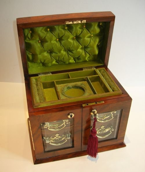 stunning english walnut jewellery box with glazed doors c1900