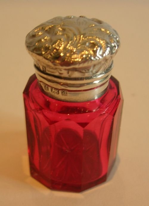tiny antique cranberry glass sterling silver perfume bottle 1900