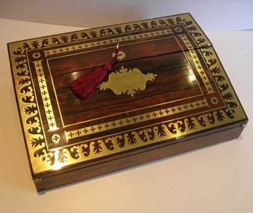 english regency rosewood lap desk intricate cut brass inlay c1820