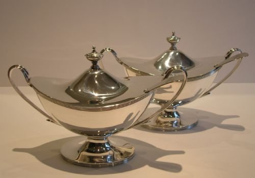 pair antique english silver plated sauce tureens by william hutton sons c1880