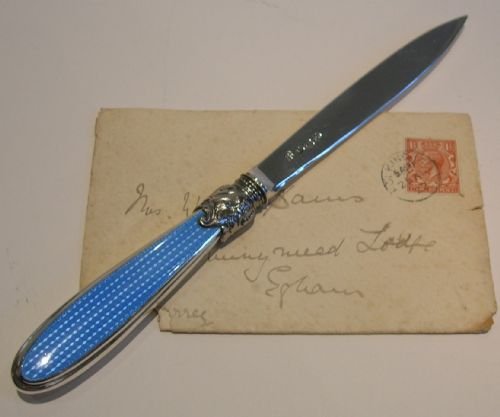 antique english sterling silver blue guilloche enamel letter opener