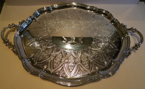magnificent large antique english silver plated tray by elkington co 1892