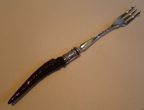 handsome antique english silver plate antler horn pickle fork c1890