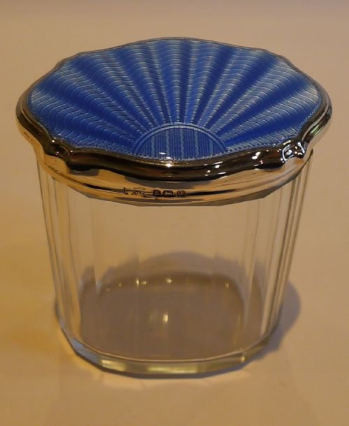 english sterling silver blue guilloche enamel vanity jar 1933