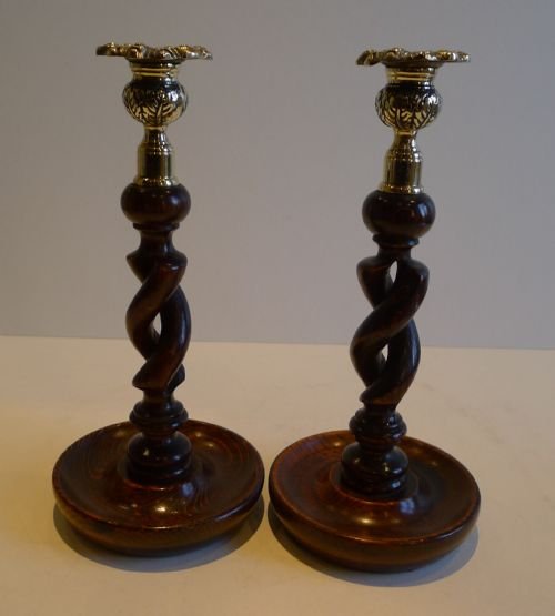 pair antique english 10 oak open barley twist candlesticks brass thistle tops