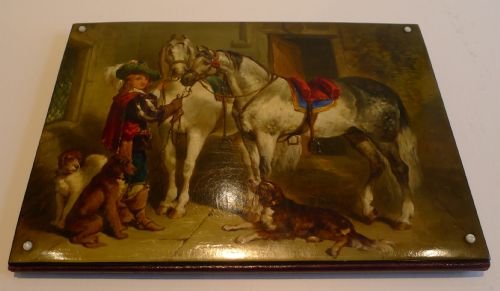 fabulous antique english hand painted papier mache desk blotter horses dogs c1860