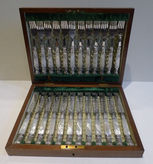 magnificent set 12 fruit knives forks mother of pearl handles and decorative terminals