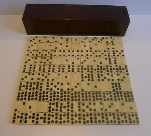 large antique english set double nines dominoes in bone ebony original box c1890