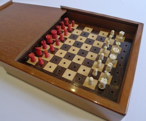 antique english mahogany travel chess set carved bone pieces c1900 1910