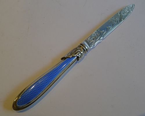 antique english sterling silver blue guilloche enamel letter opener