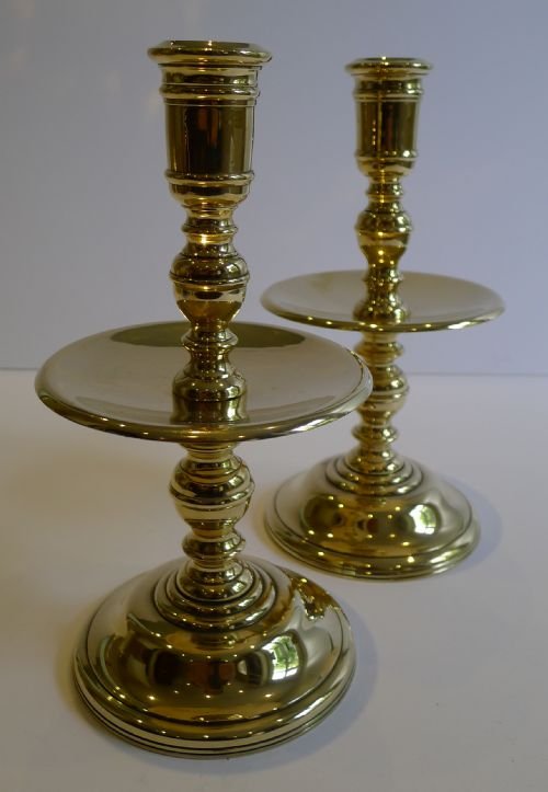 handsome pair antique english brass candlesticks with large drip pans c1880