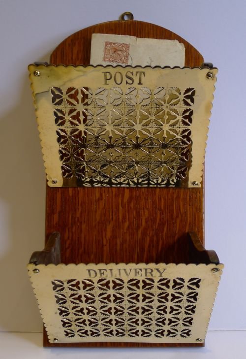 antique english oak and brass post and delivery letter caddy c1890