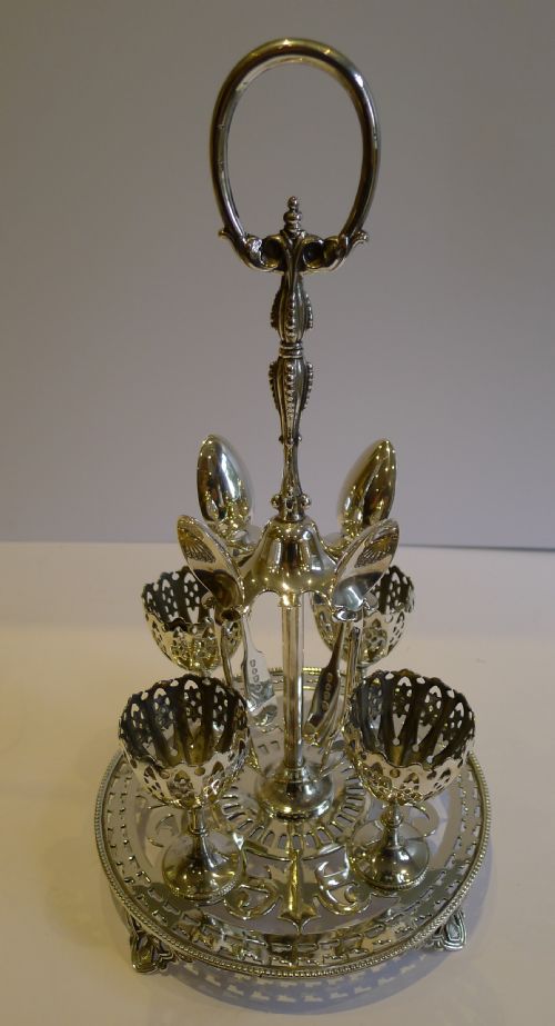 unusual antique english silver plated egg cruet for four c1890