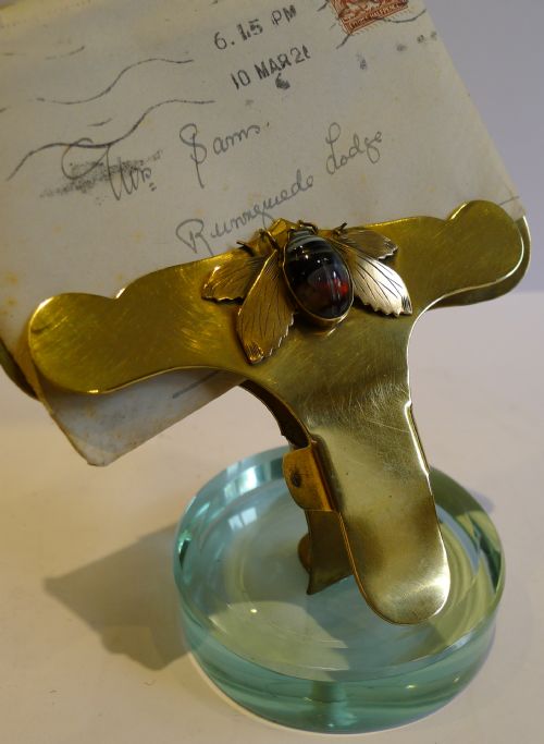 antique english letter card holder in brass carved agate bee c1880