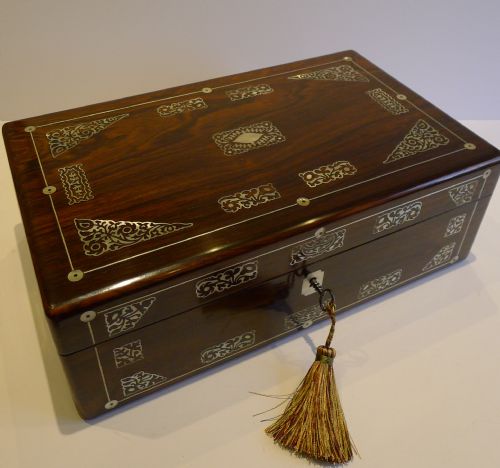 antique english mother of pearl inlaid rosewood writing slope lap desk c1830