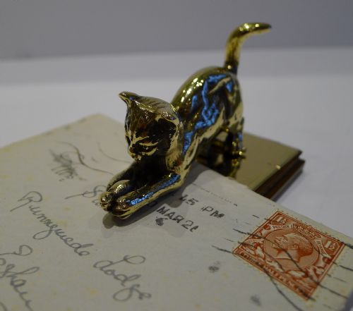 antique english oak polished brass cat chasing mouse letter or note clip c1880