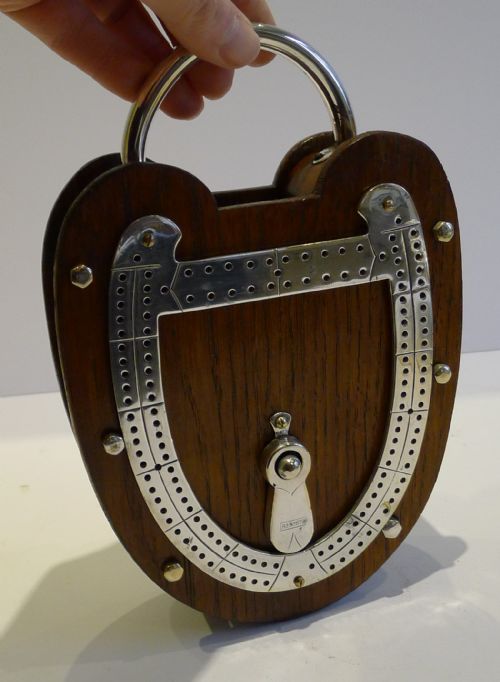 rare antique figural cribbage board card box padlock reg 1884