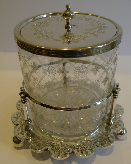 outstanding antique english decorated glass silverplated biscuit box c1880