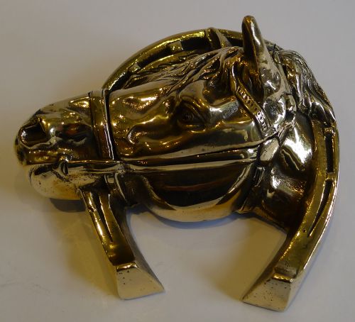 antique english equestrian inkwell in solid brass horse's head c1890