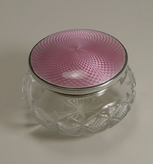 english sterling silver and pink guilloche enamel lidded powder box 1934