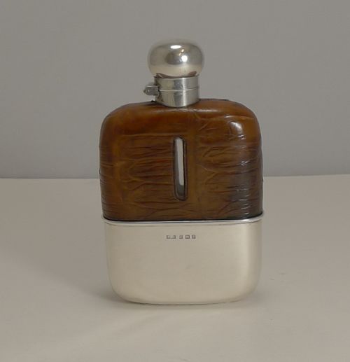 english sterling silver and crocodile skin hip flask 1929