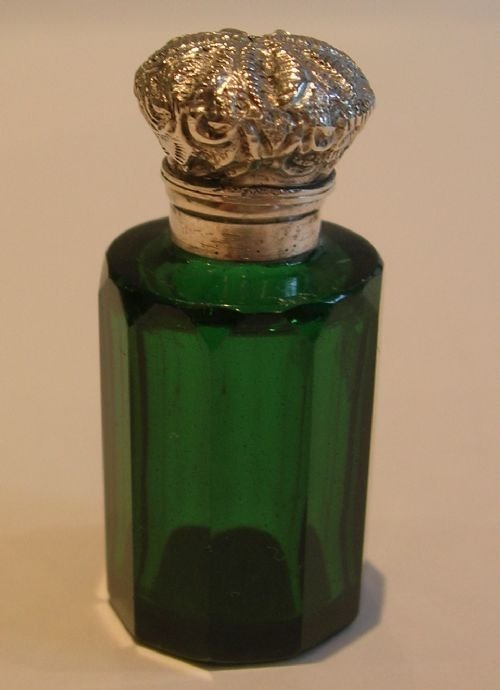 petite antique english victorian emerald green and sterling silver perfume bottle