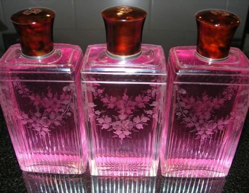 rare and stunning pretty set of french perfume bottles tortoise shell tops